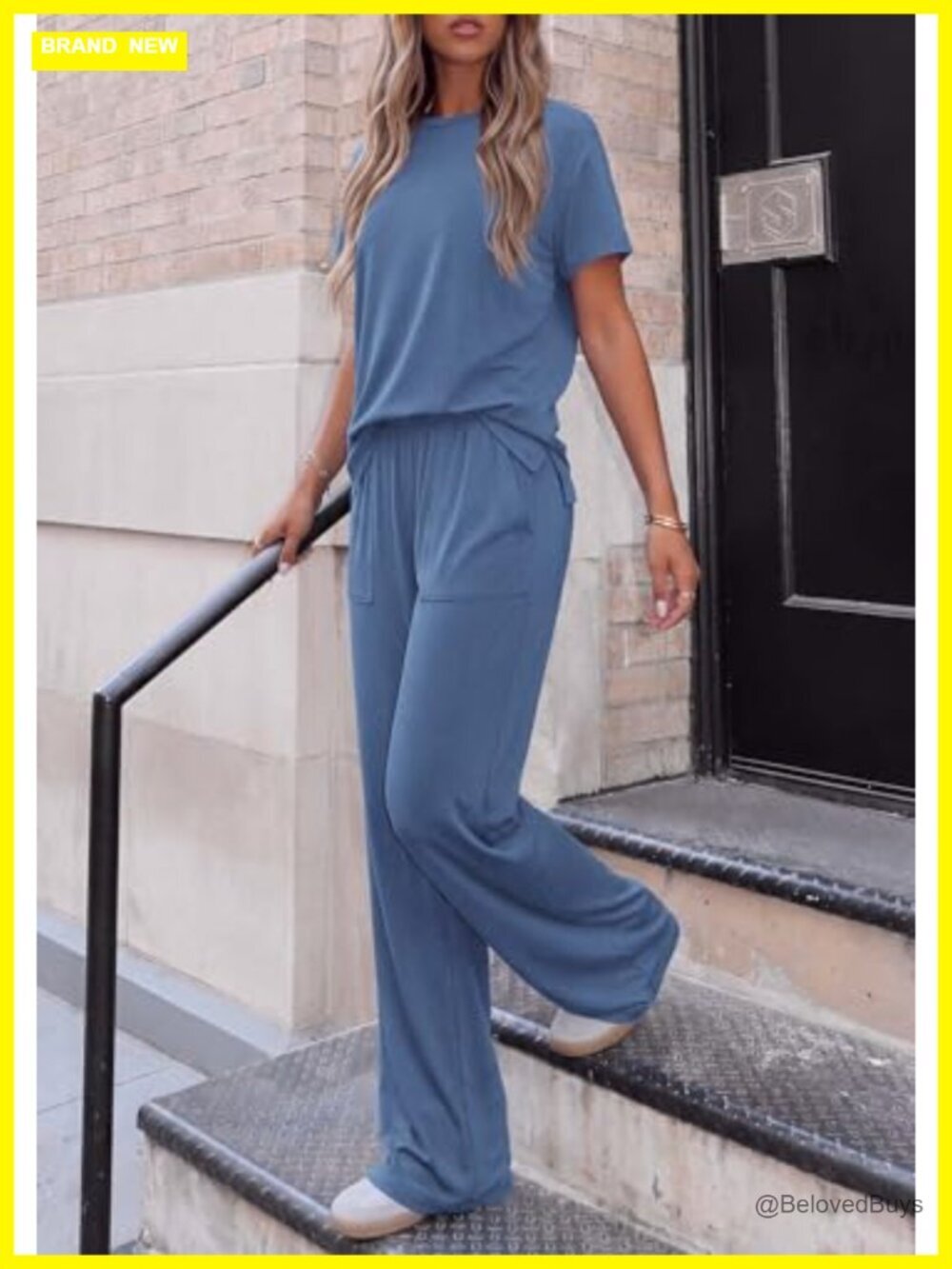 2 Piece Lounge Set Short Sleeve Top Wide Leg Pants Travel Outfit - Picture 3 of 7